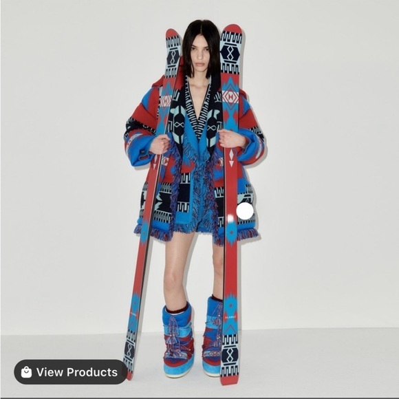 NEW ALANUI X MOON BOOT Icon Knit Jacquard Red Azure Wool Boots Size 8-9.5 - Picture 2 of 16